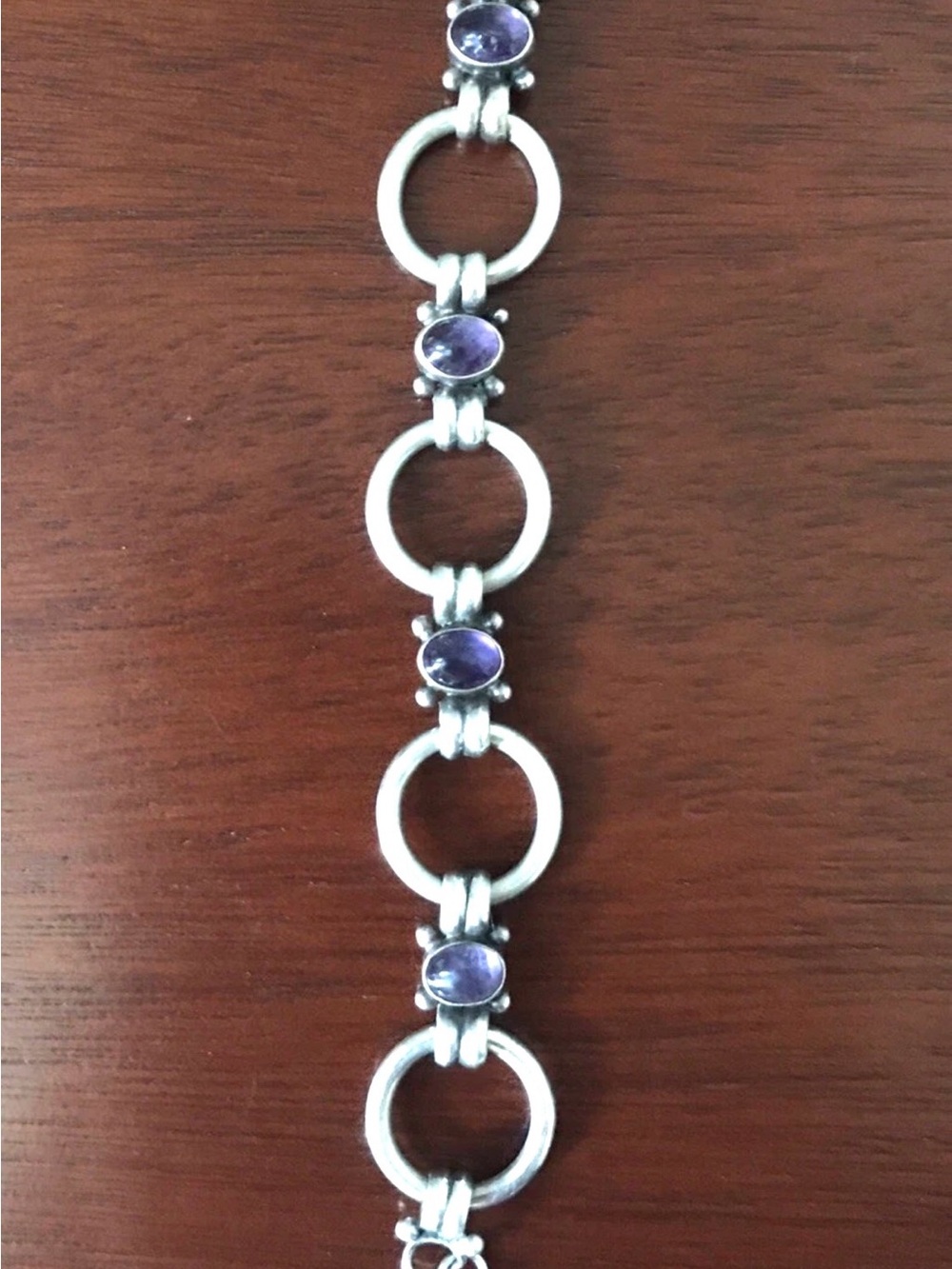 Vintage Sterling Silver Ring Link Bracelet with Natural Amethyst Stone